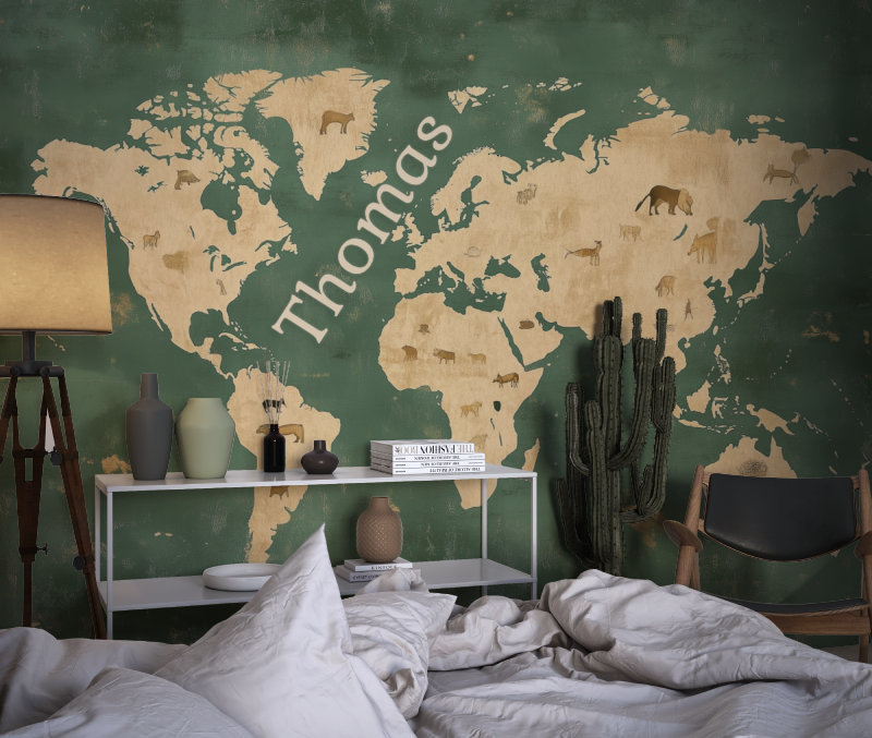 Papier peint prenom carte du monde chambre dado1