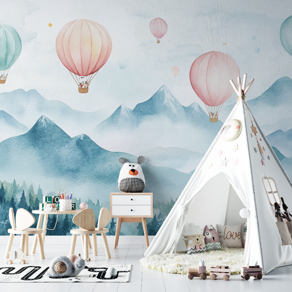 Papier peint montgolfiere et montagnes douces chambre bebe