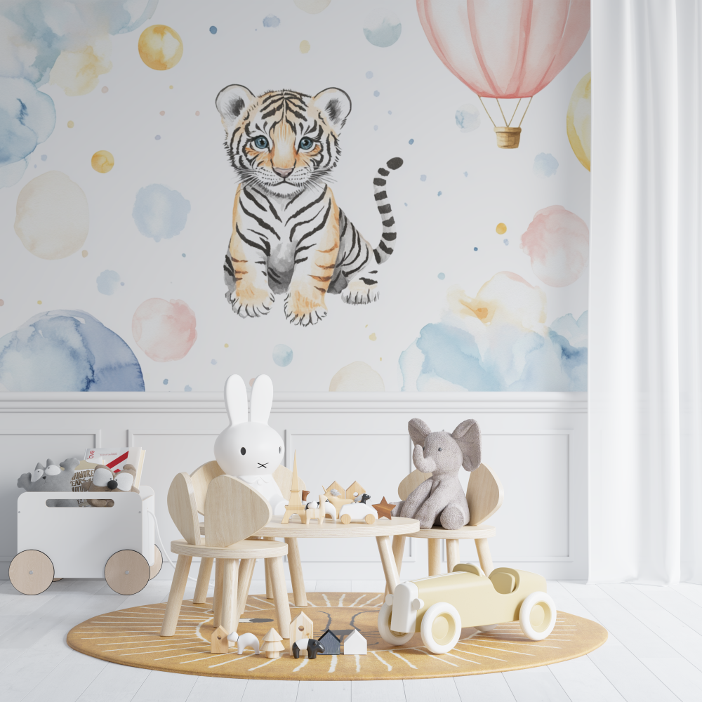 Papier peint tigre et montgolfiere chambre de bebe