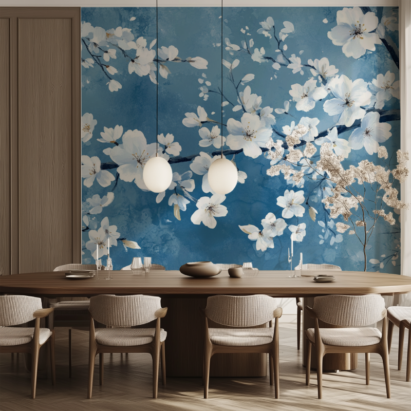 Papier peint fleur bleues de ce...nais salle manger tendance