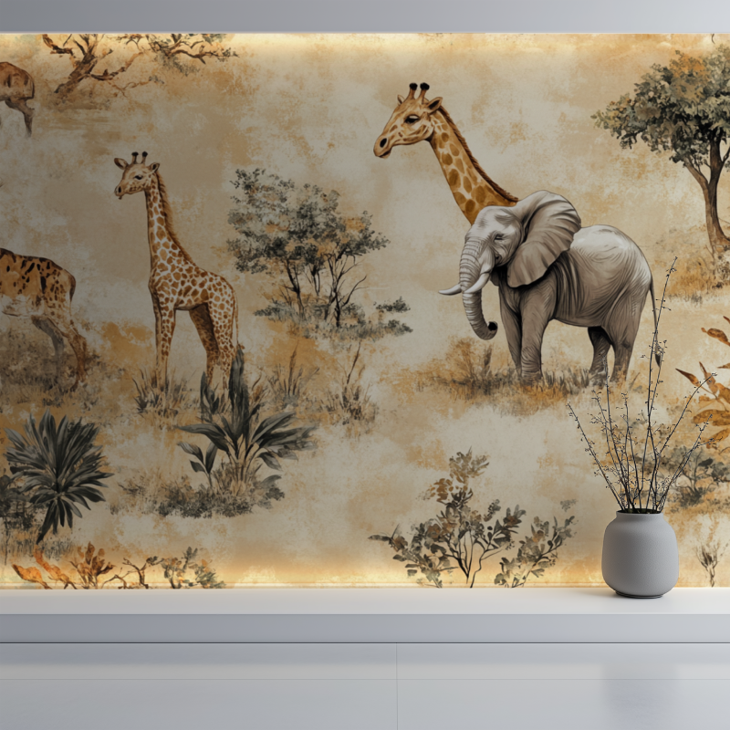 Papier peint vintage savane mur blanc