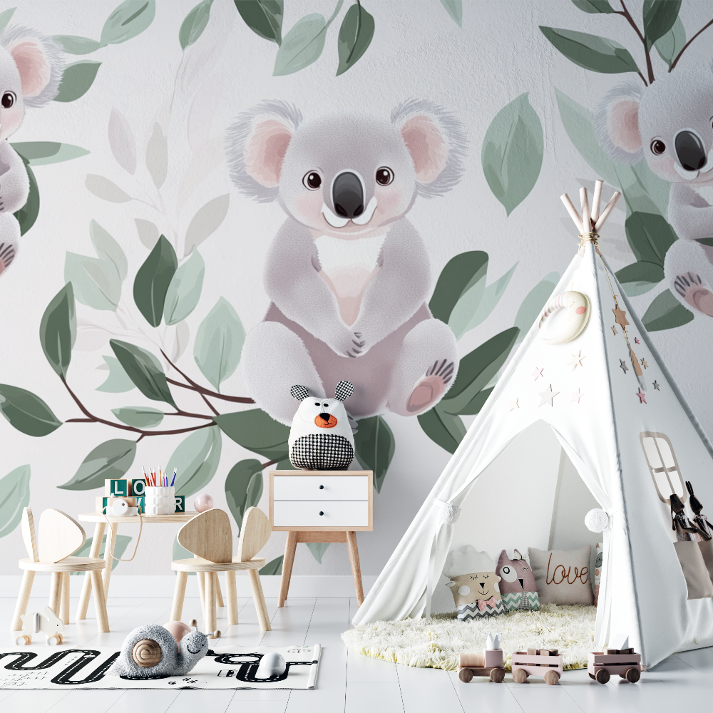 Papier peint koala et doux feuillage chambre bebe