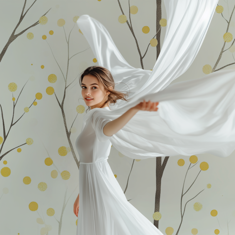 Papier peint arbre jaune a pois modele