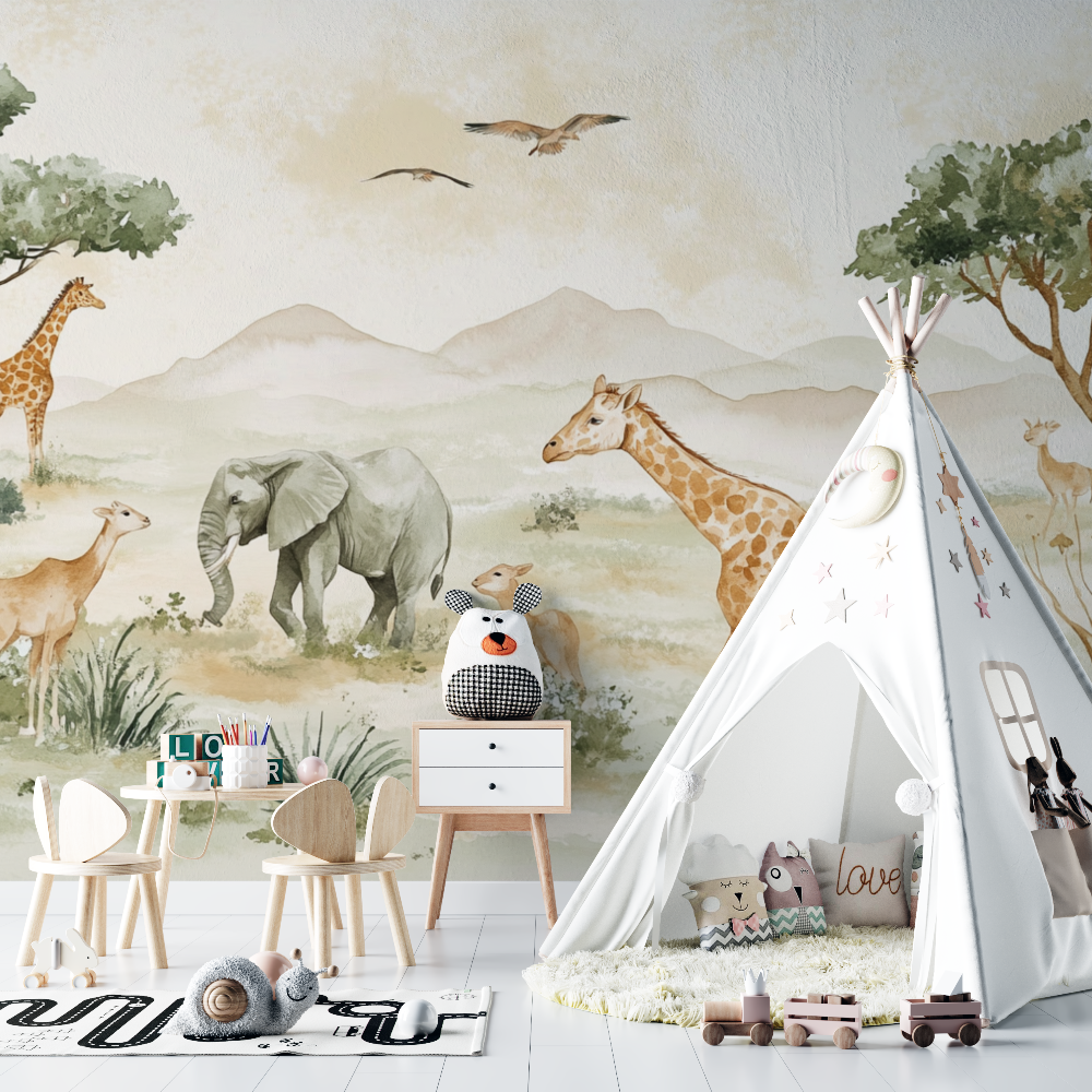Papier peint savane girafe et co chambre bebe