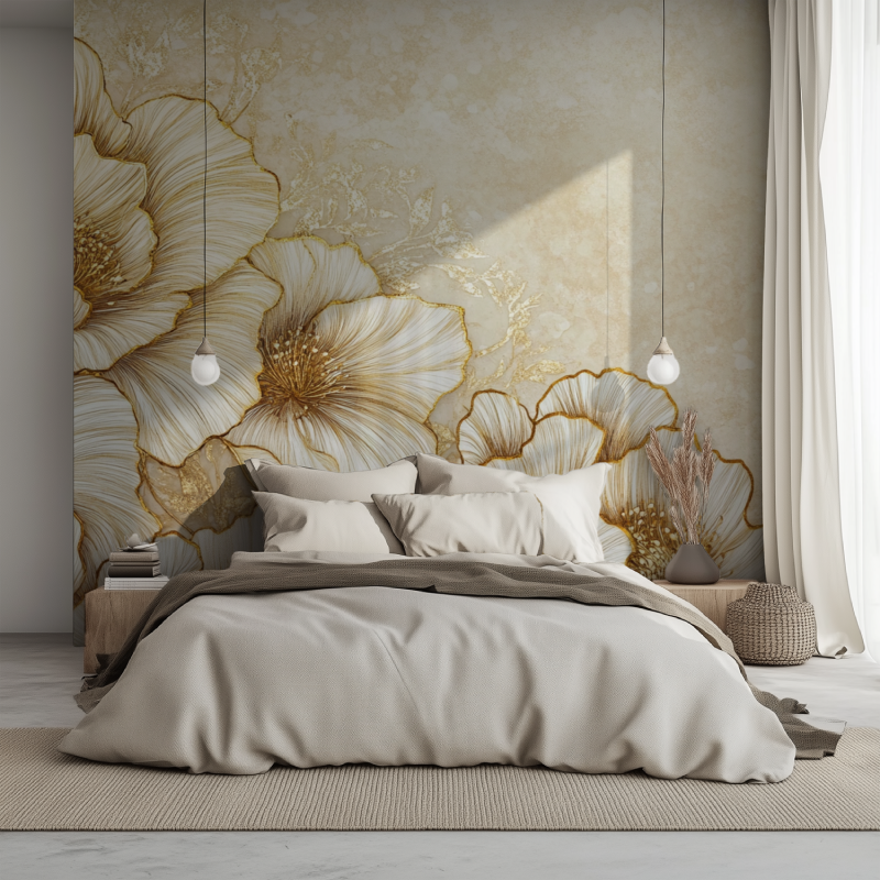Papier peint fleur dore lit 1234