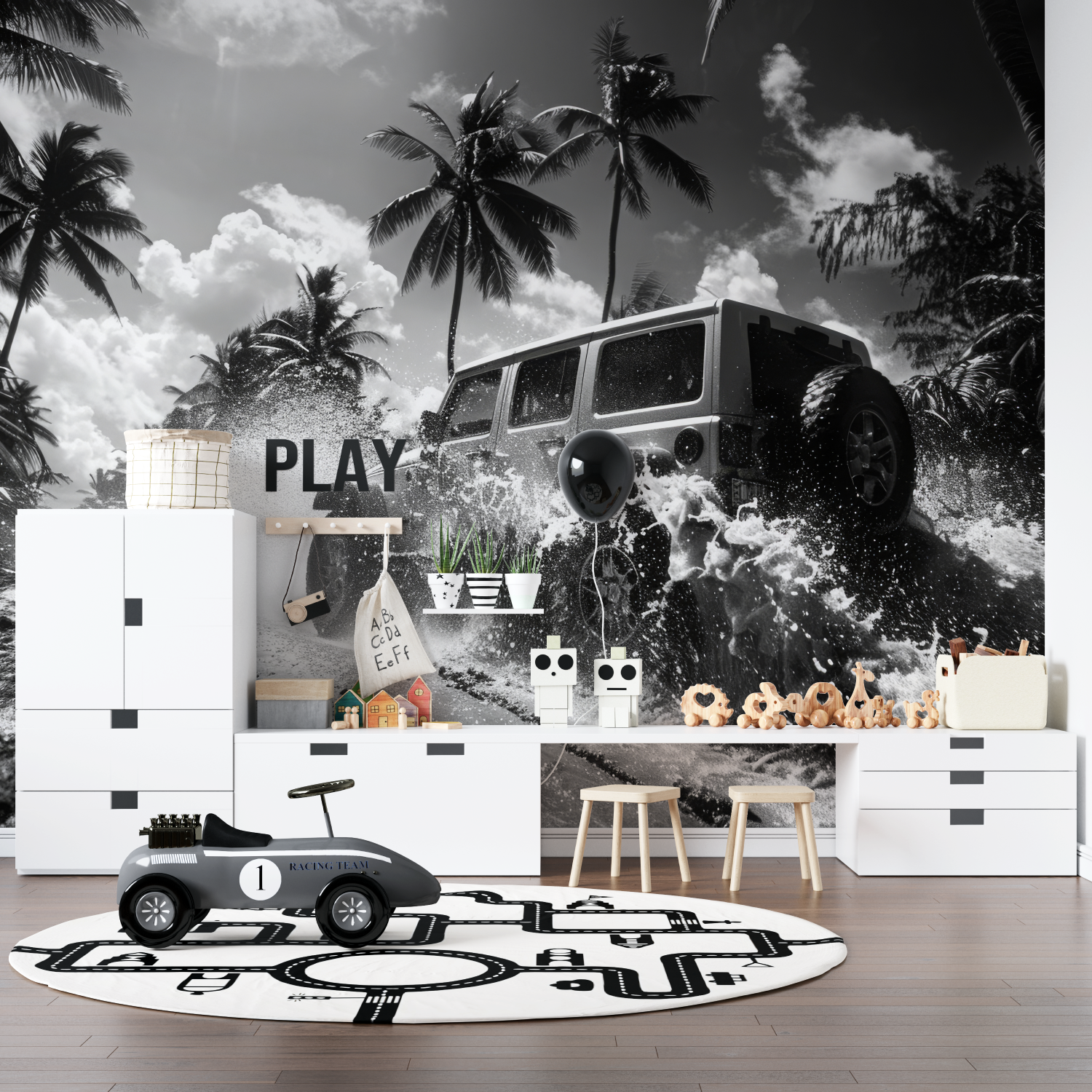 Papier peint noir et blanc rally miami pano anime