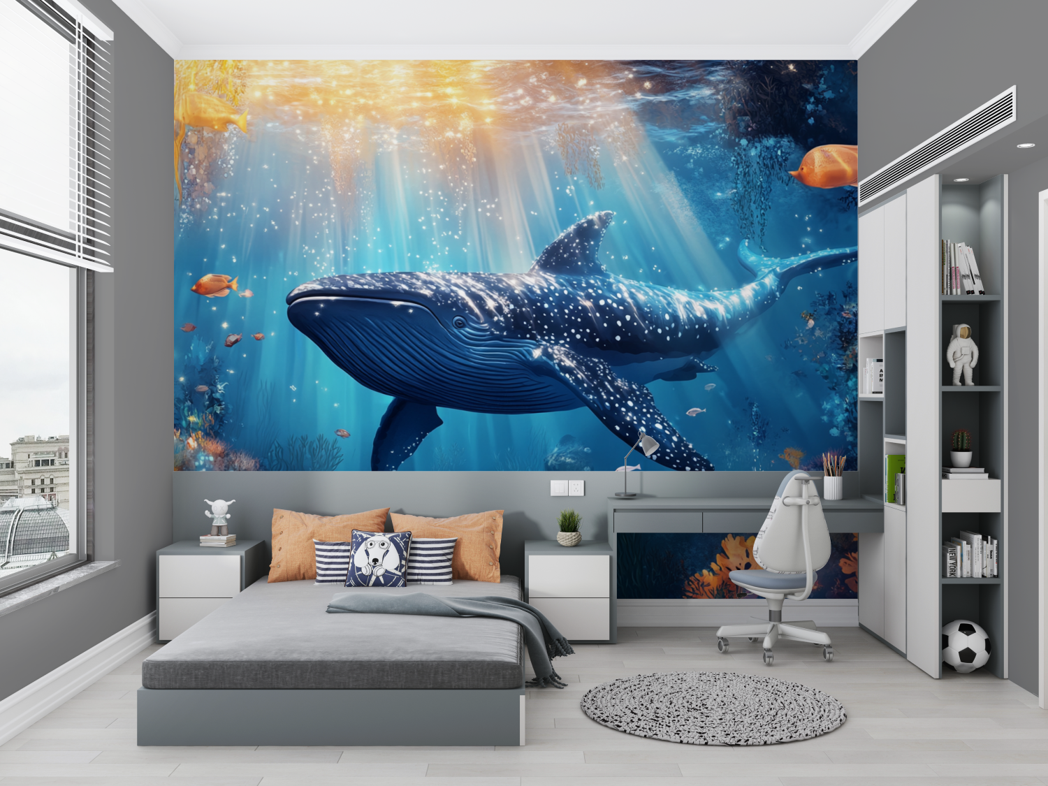 Papier peint marin decor baleine bleue chambre petit