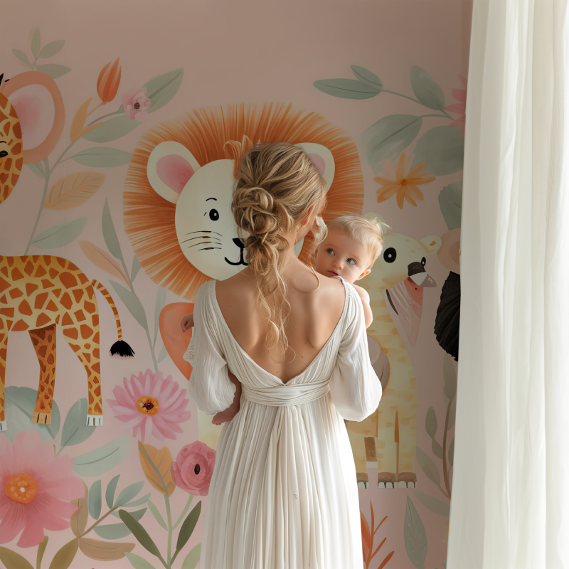 Papier peint lion tropicale rose bb123