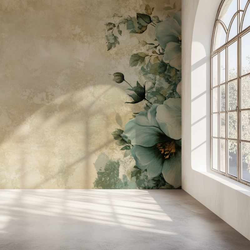 Papier peint vintage fleurs vert mur simple