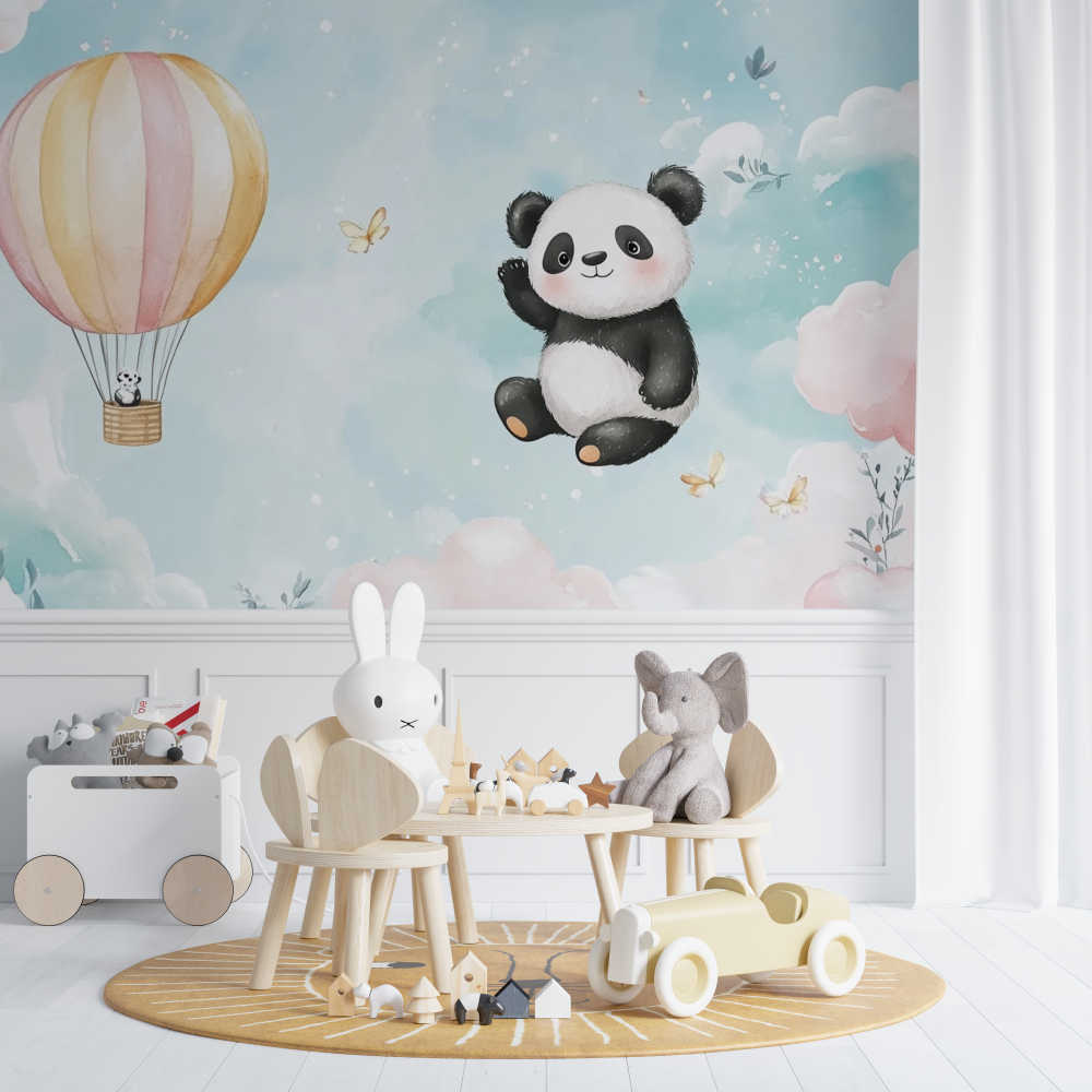 Papier peint panda et montgolfiere chambre de bebe