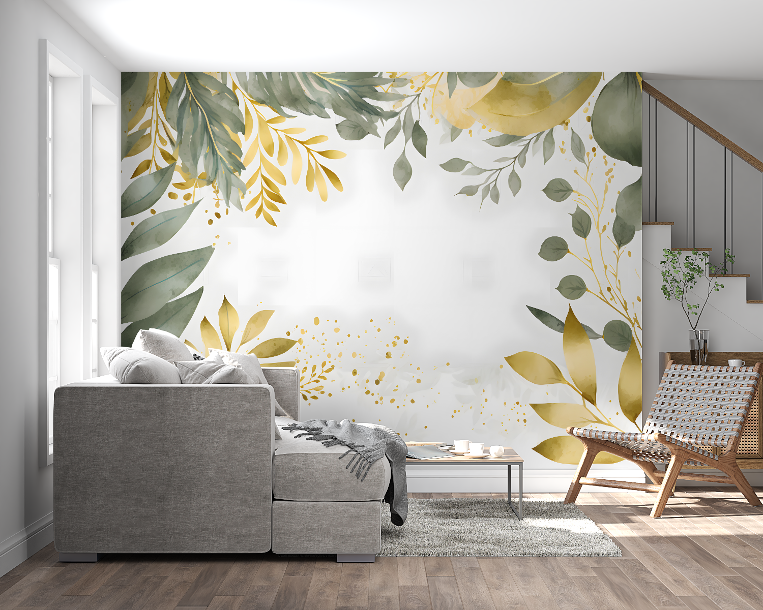 Papier Peint Feuillage Vert et Doré - chambre adulte