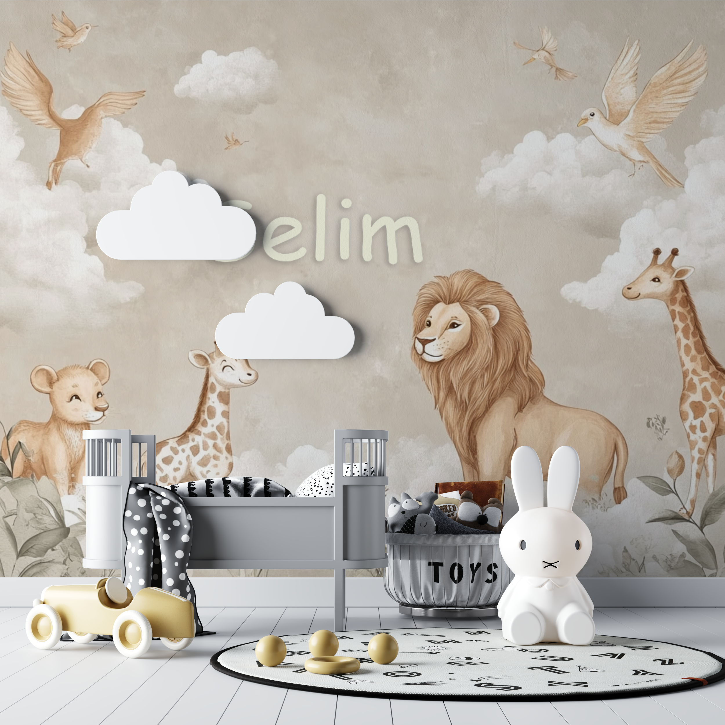 Papier peint prenom beige bebe tipi