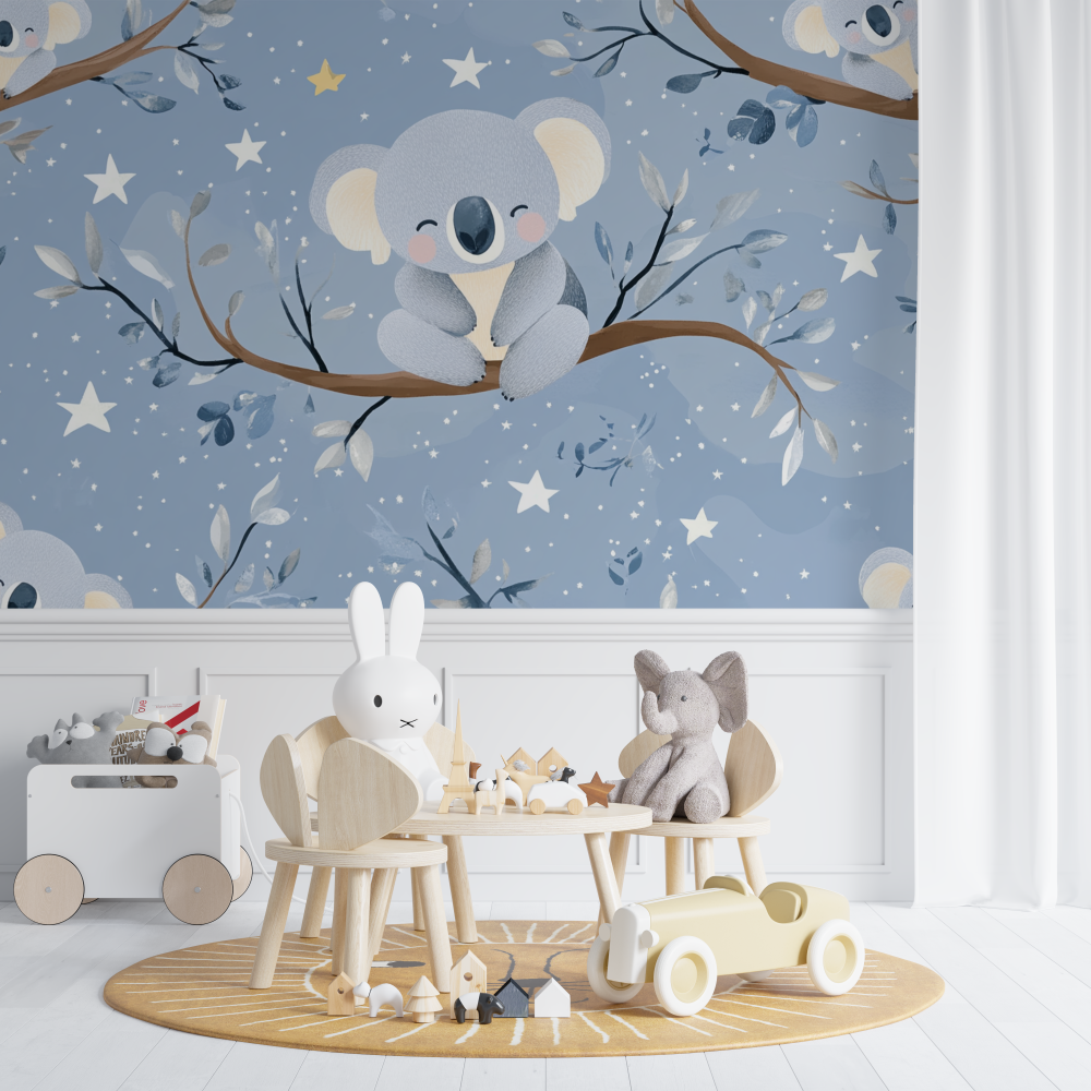 Papier peint koala et etoiles nacrees chambre de bebe