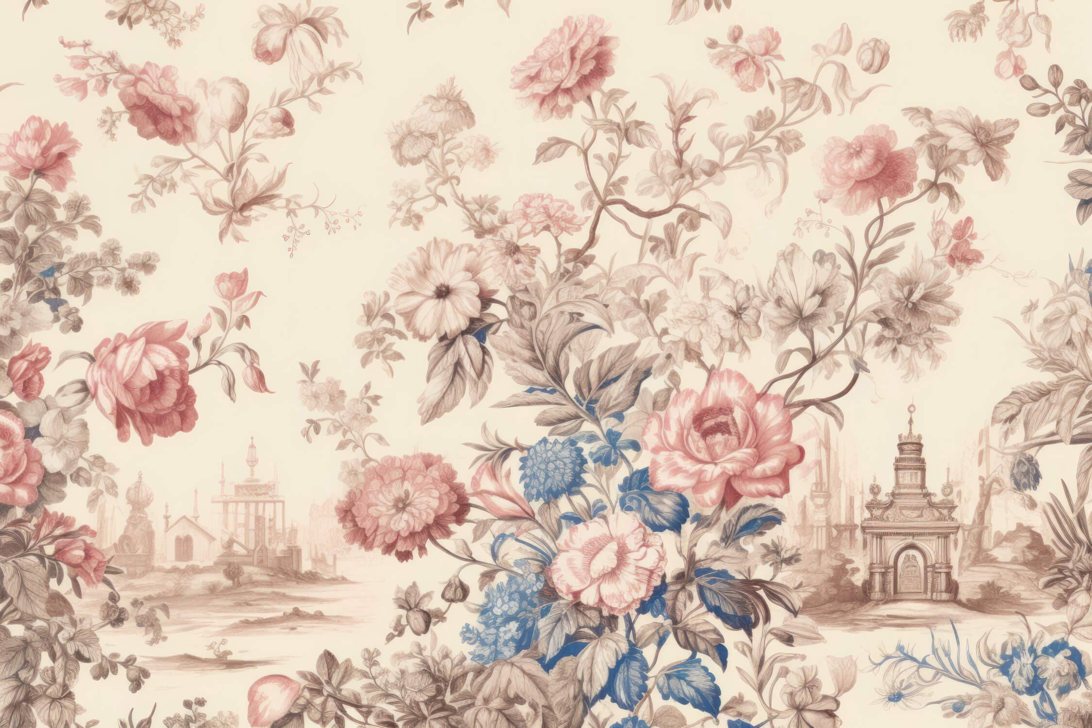 Papier Peint Toile De Jouy Bleur Rose