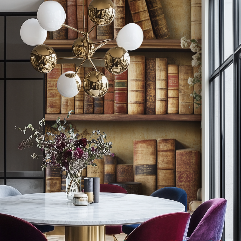 Papier peint vintage trompe oeil salon chaise