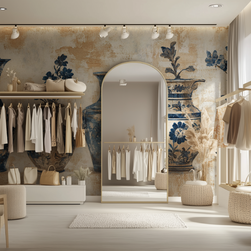 Papier peint vintage vase bleu chaise verte dressing