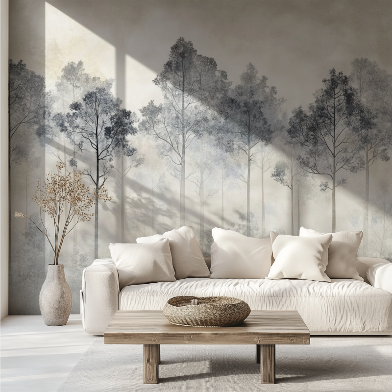 Papier peint arbre gris canape tendance