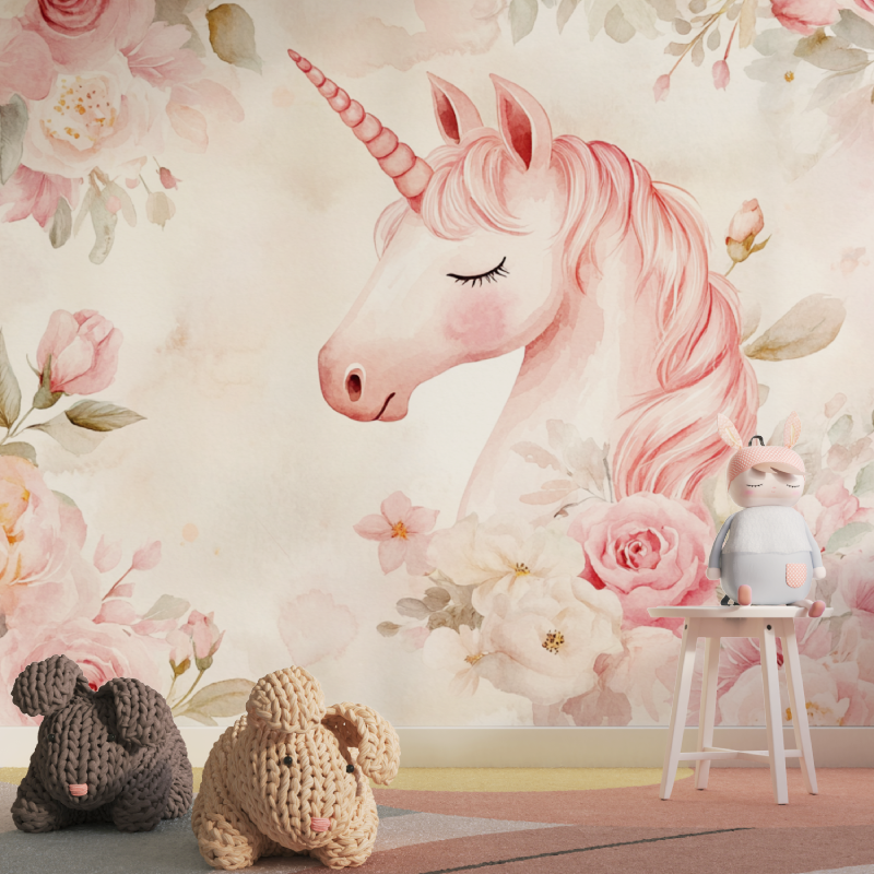Papier peint licorne rose fleurs roses tapisserie pour fille