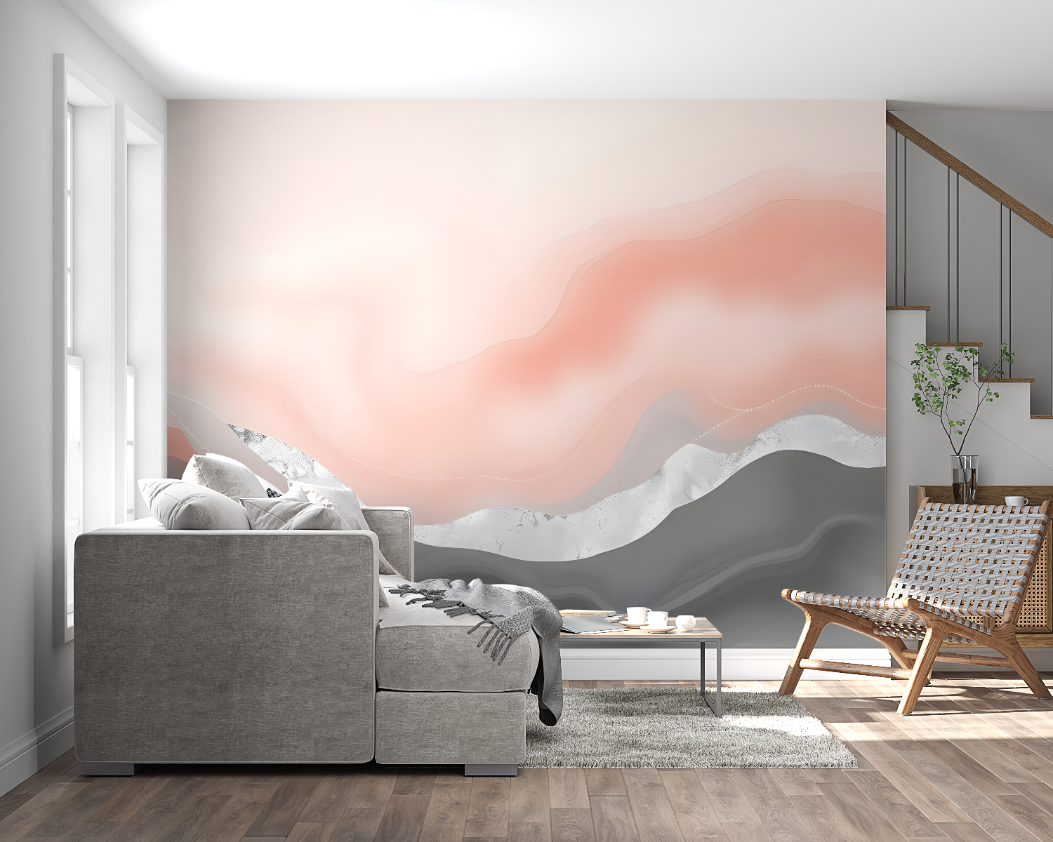 Papier peint aquarelle rose gris panoramique mural