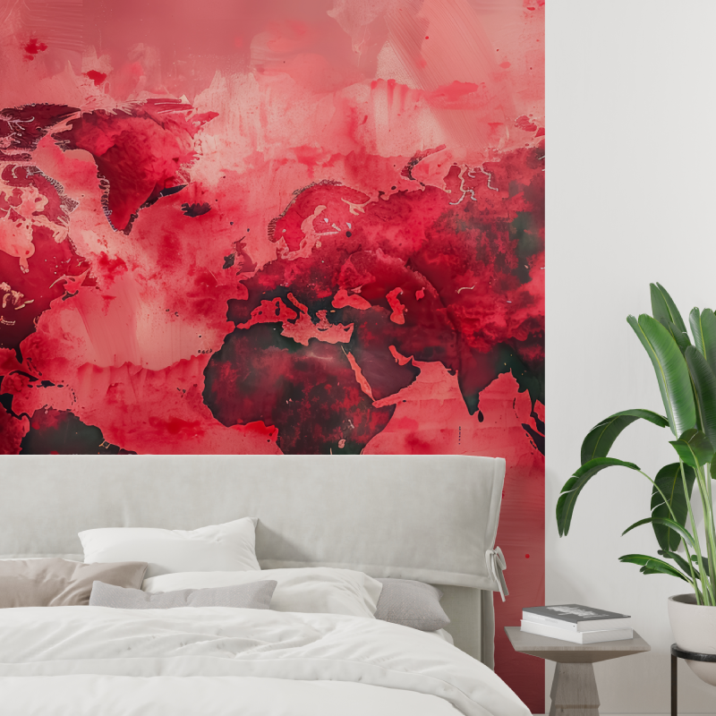 Papier peint carte du monde rouge tapisserie tendance
