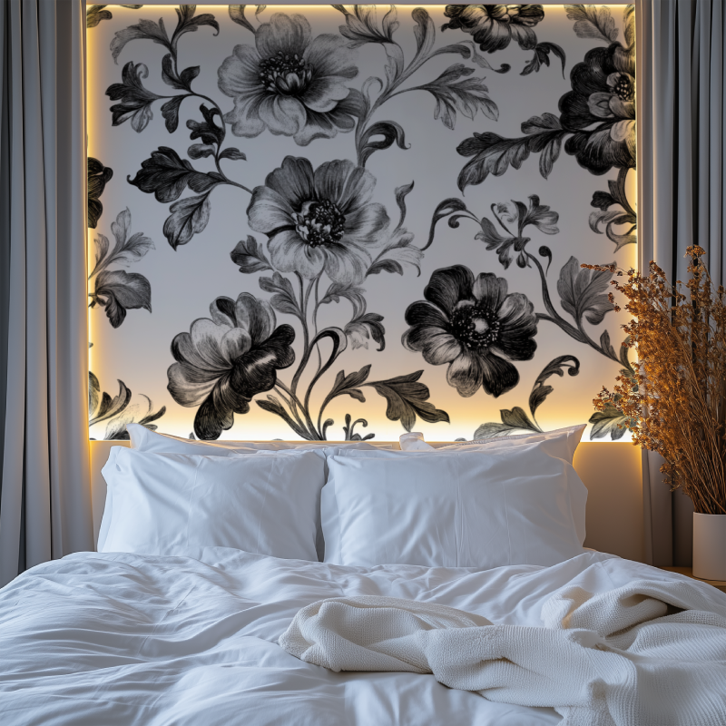 Papier peint fleurs vintage noir et blanc chambre premium
