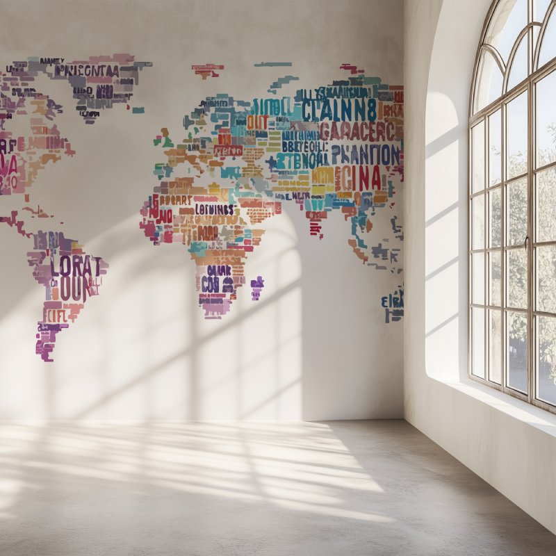 Papier peint carte du monde calligraphie mur simple
