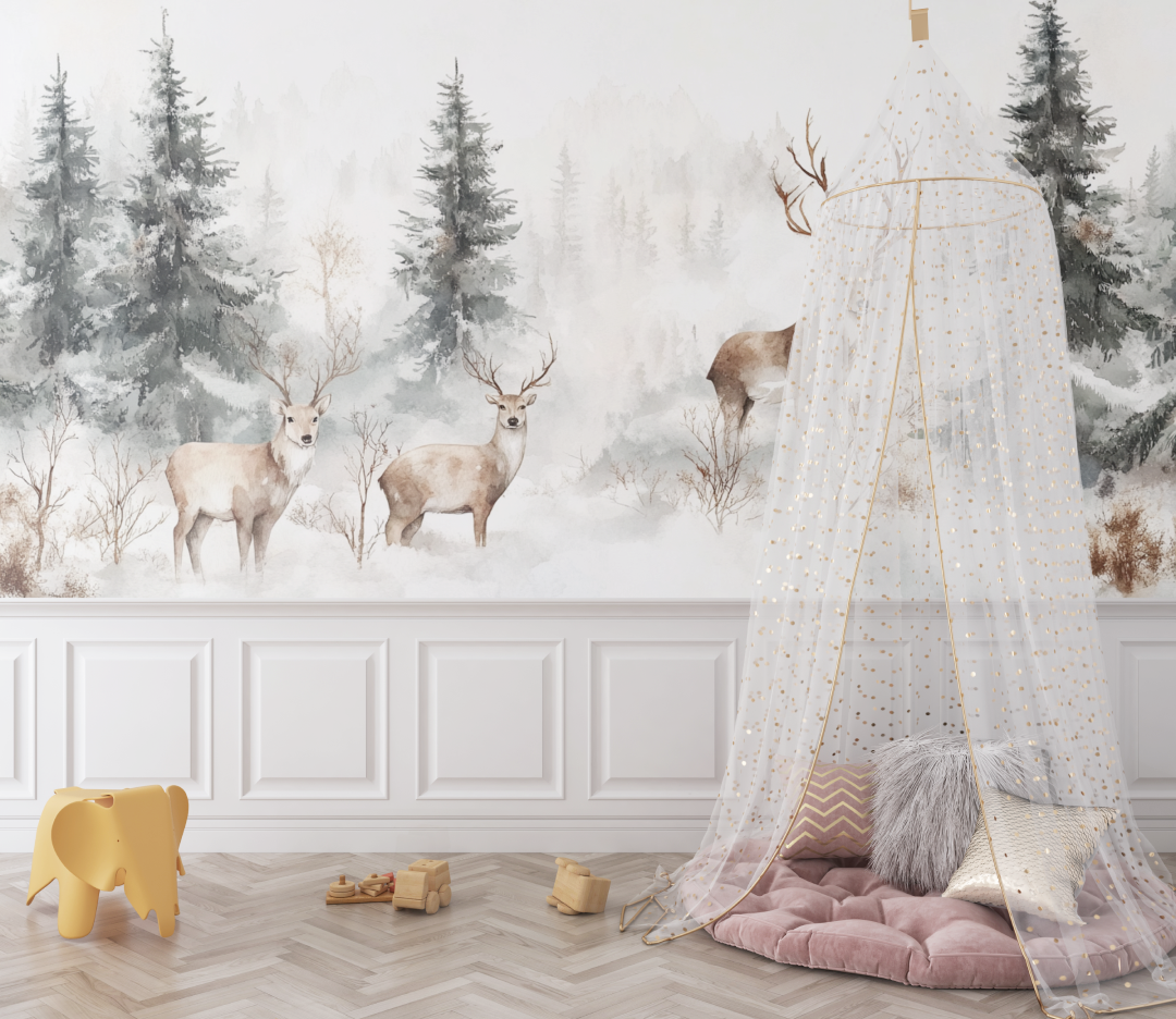 Papier peint cerf et foret blanche bebe