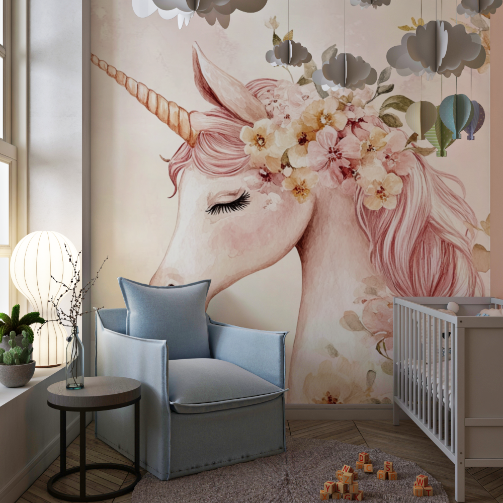 Papier peint deco licorne chamb... en fleur chambre de fille