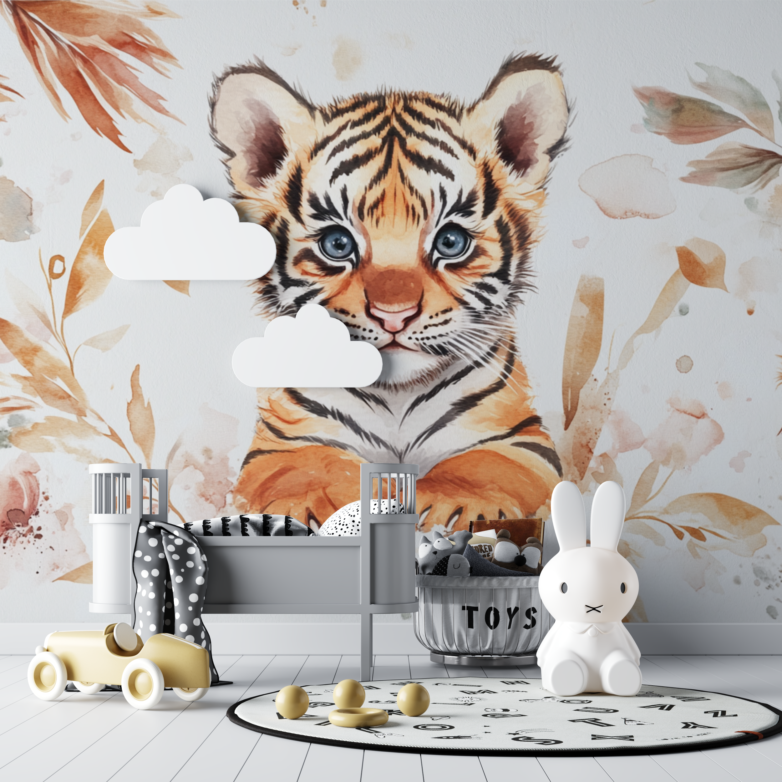 Papier peint tigre et plumes bohemes bebe tipi
