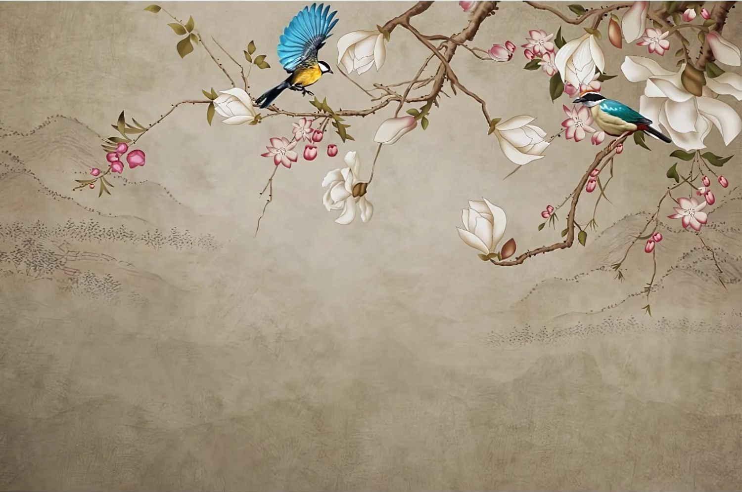 Papier Peint avec Oiseaux et Fleurs