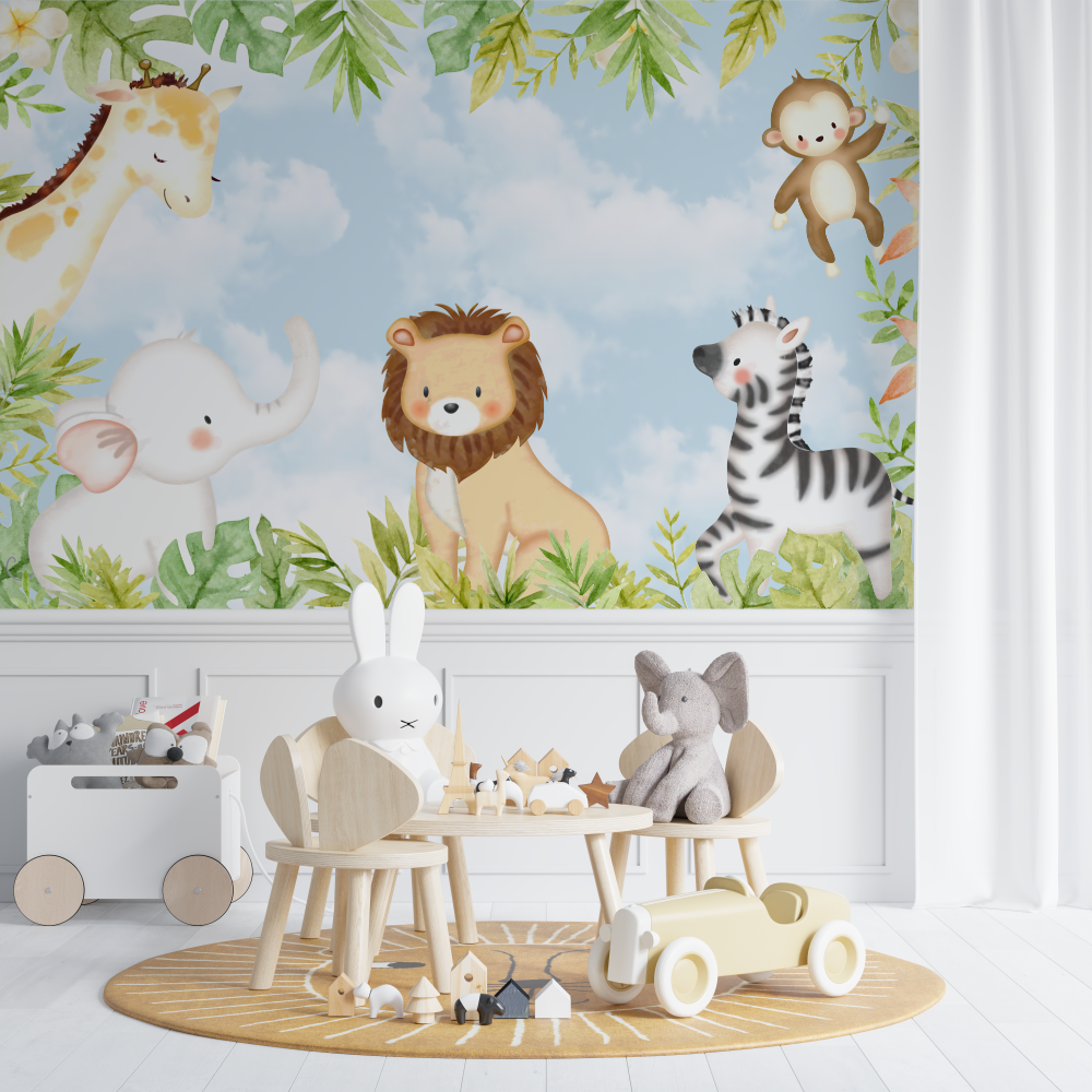 Papier peint lion et animaux de la foret chambre de bebe