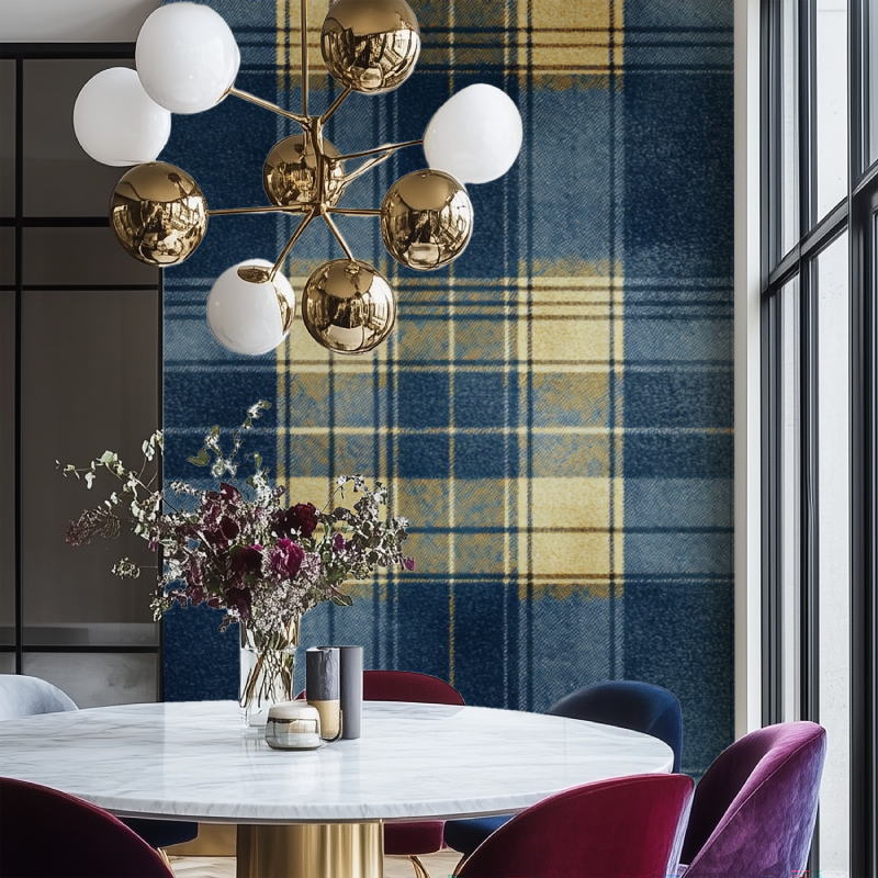 Papier peint vintage tartan bleu jaune salon chaise