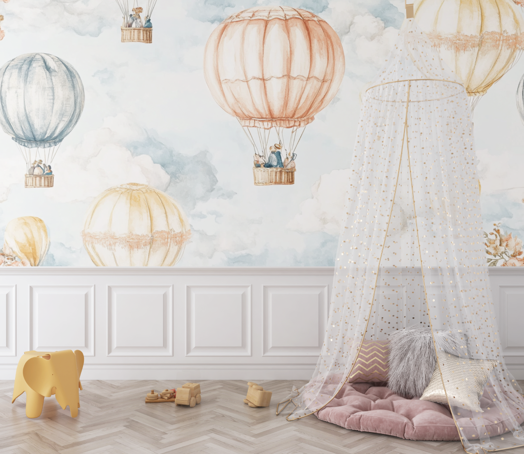 Papier peint montgolfiere vintage en aquarelle bebe