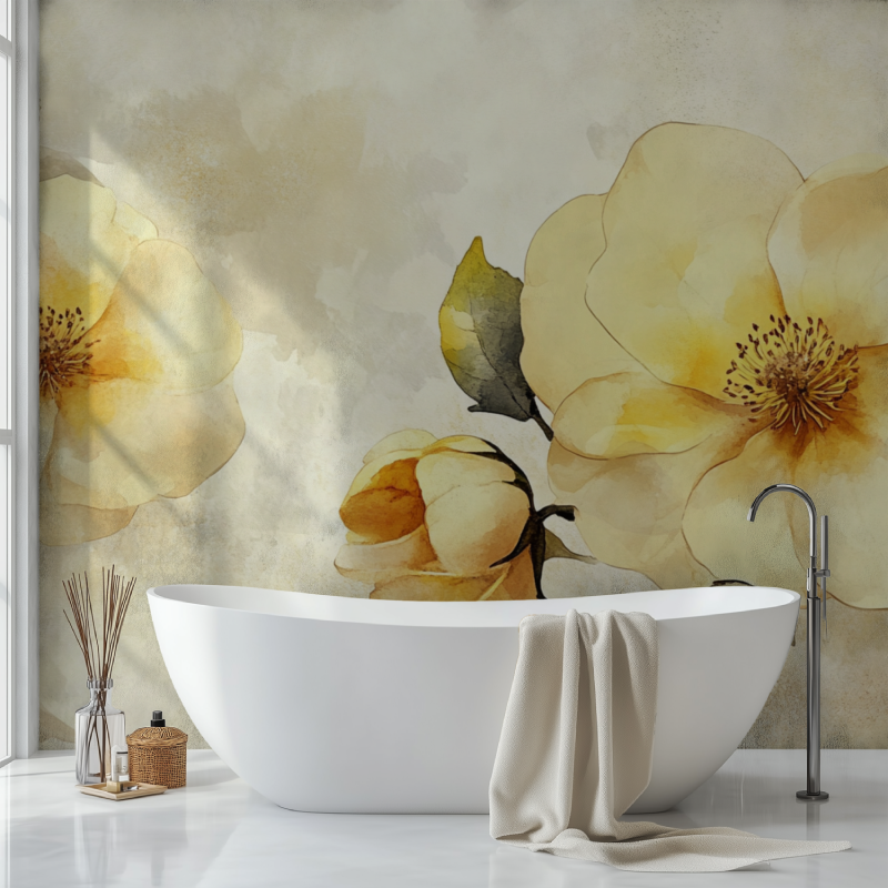 Papier peint fleur jaune sdb