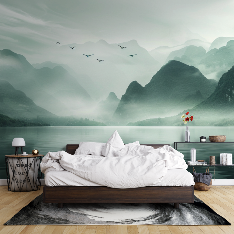 Papier peint montagne et voile sur le lac leroy merlin mur