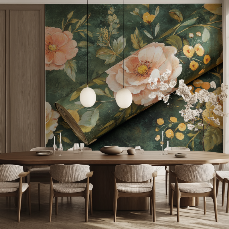 Papier peint fleur et feuillage salle manger tendance