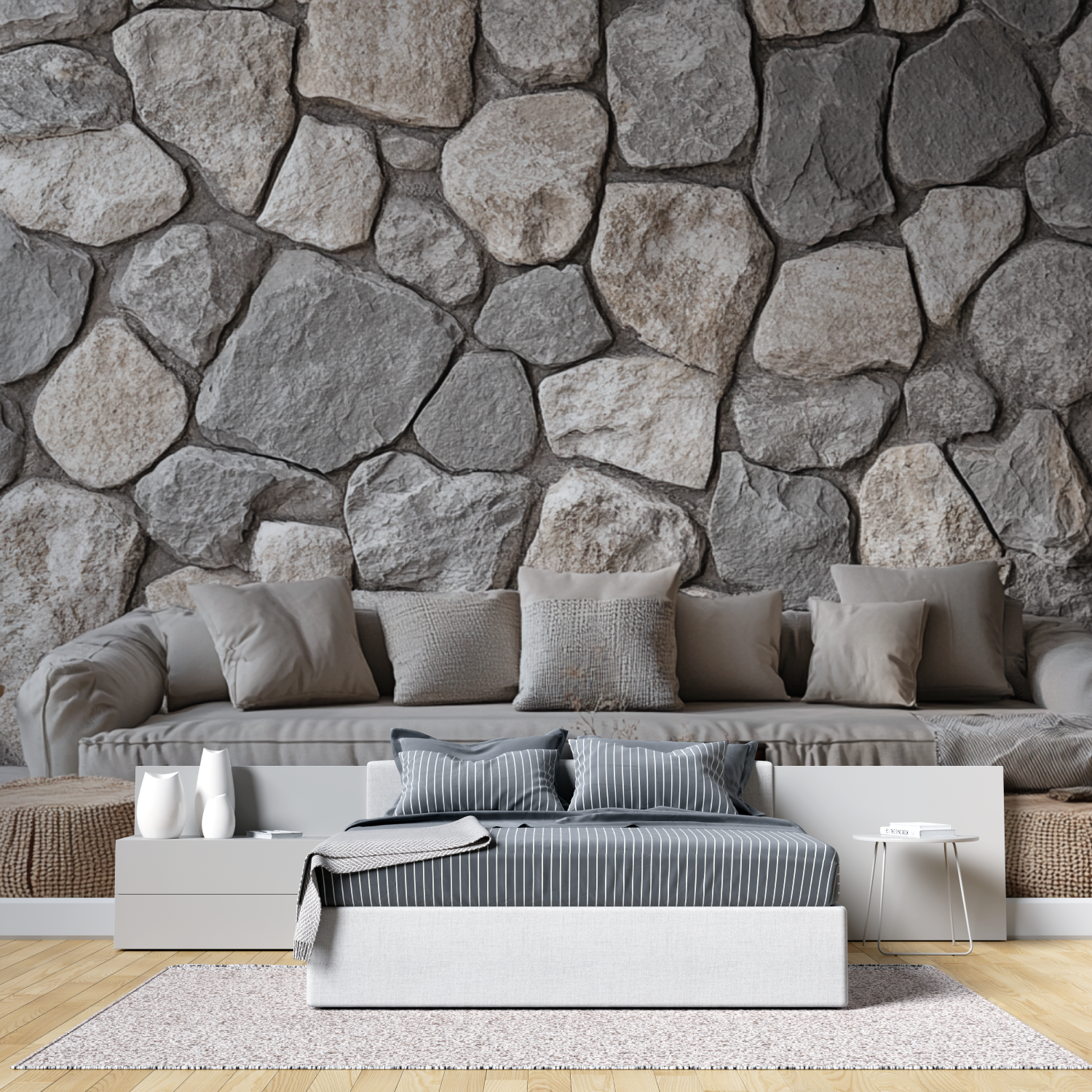 Papier peint trompe loeil pierre de parement tete de lit