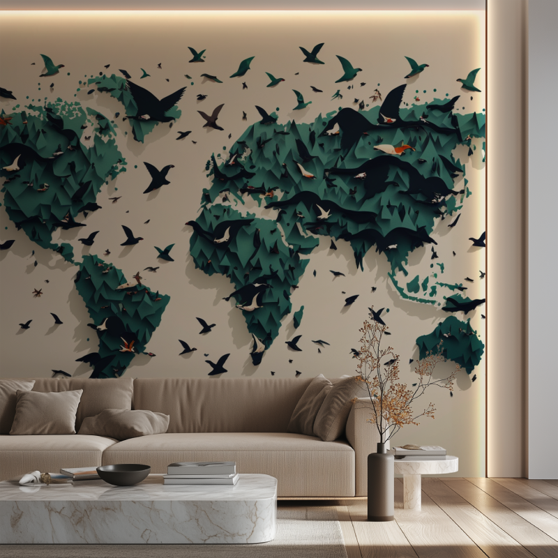 Papier peint carte du monde oiseau canape neon