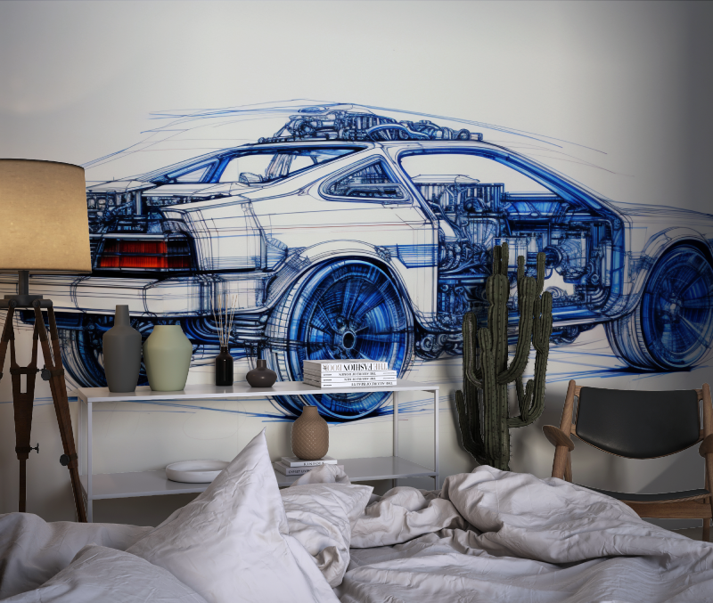 Papier peint dessin technique voiture bleu chambre dado1