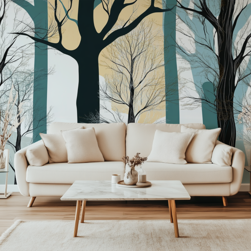 Papier peint arbre rayures canape simple