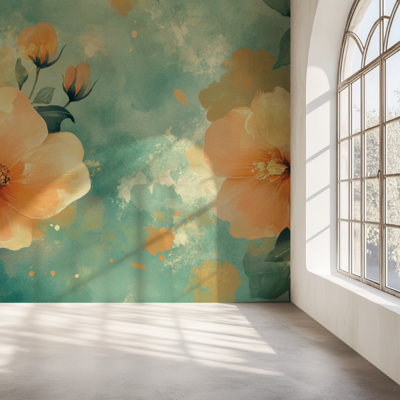 Papier peint fleur verte mur simple