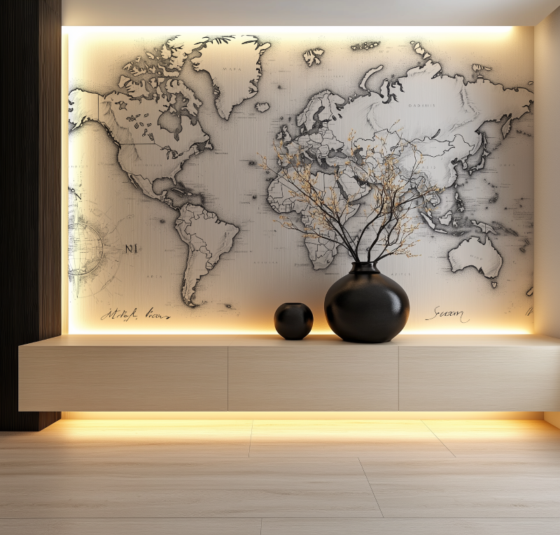 Papier peint carte du monde cal...e noir et blanc salon neon