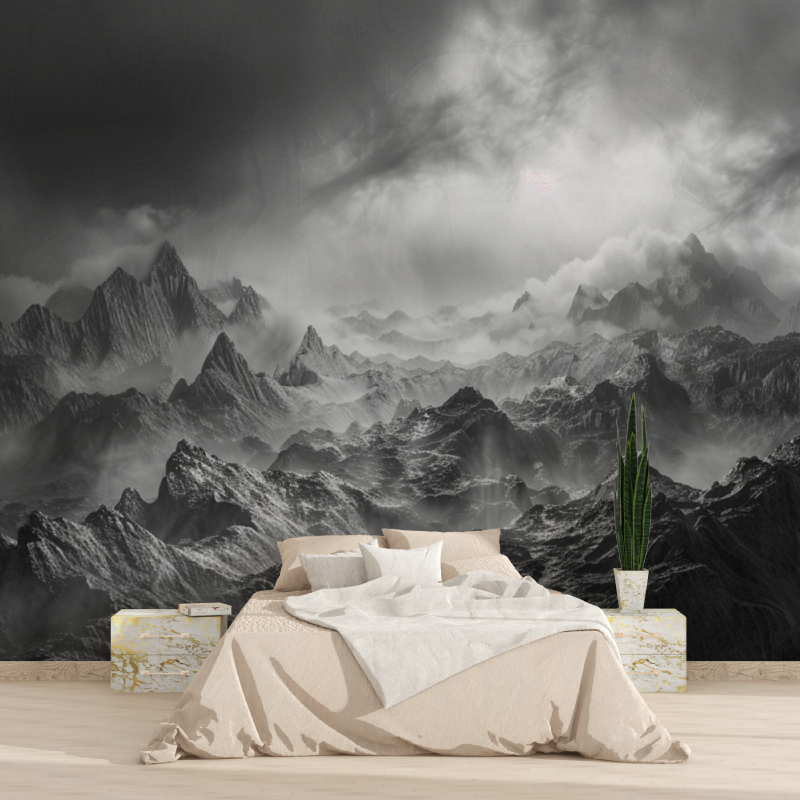 Papier peint chaine montagne noir et blanc tapisserie 2025