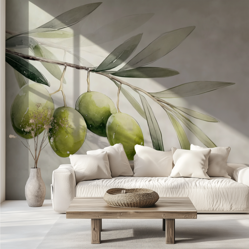 Big olives watercolor mural wallpaper canape tendance