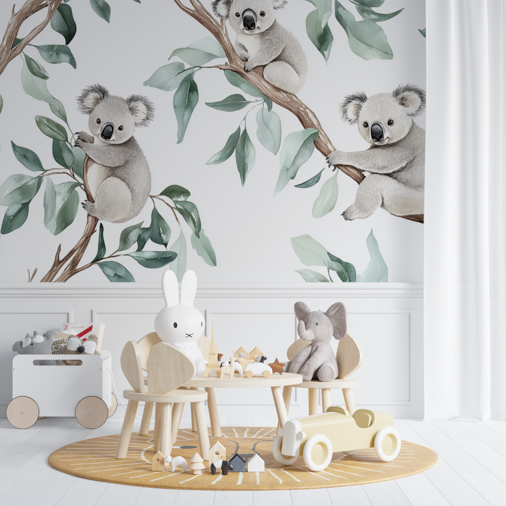 Papier peint koala suspendu a une branche chambre de bebe
