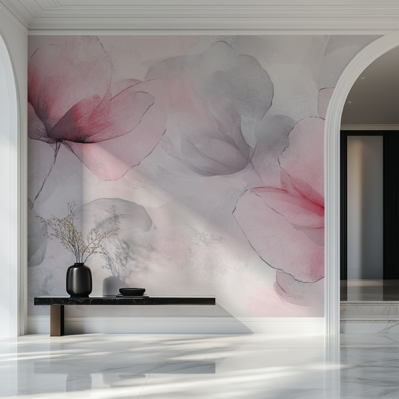 Papier peint fleur rose et gris salon beau