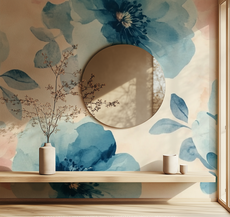Papier peint vintage fleur bleue miroir