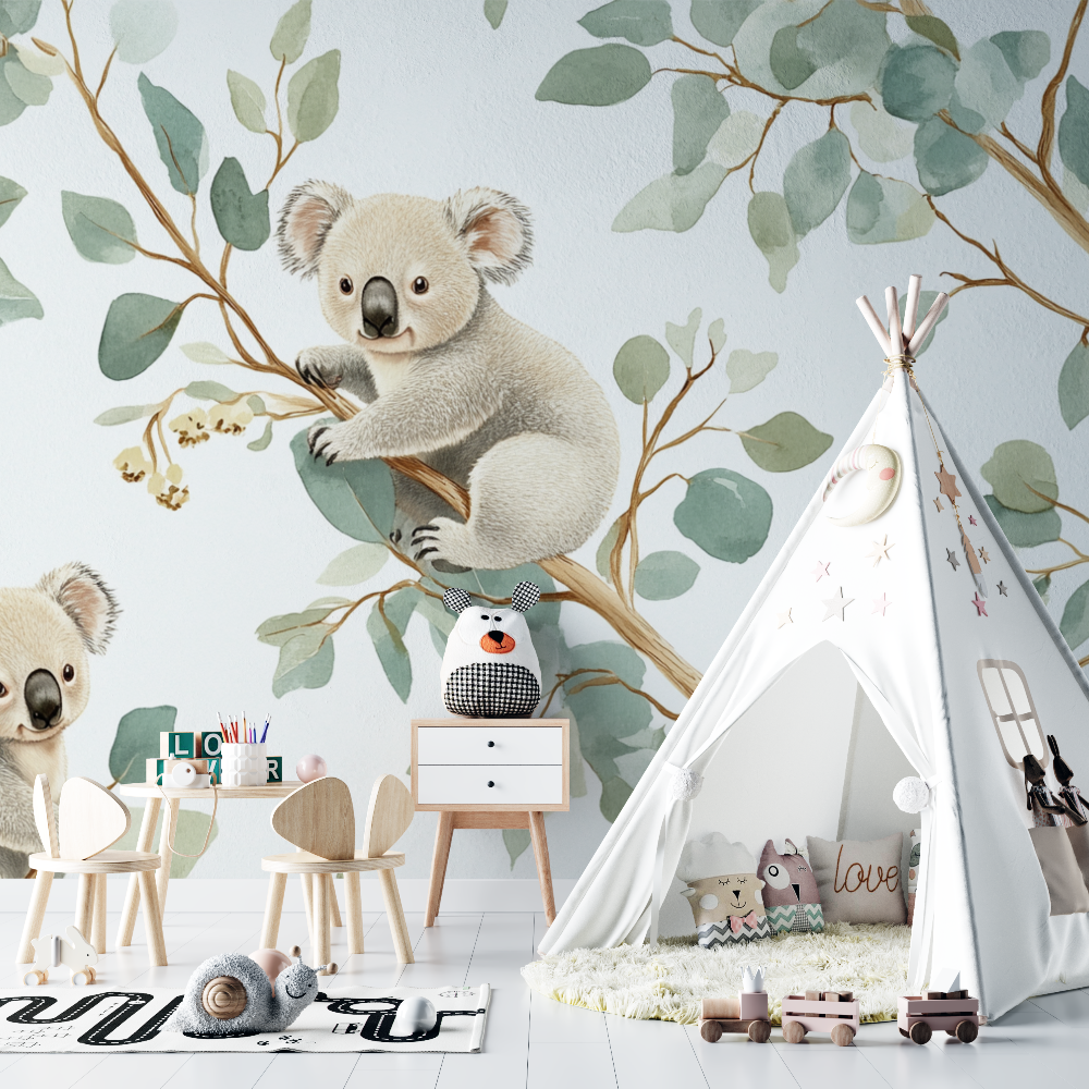 Papier peint koala et ciel creme chambre bebe