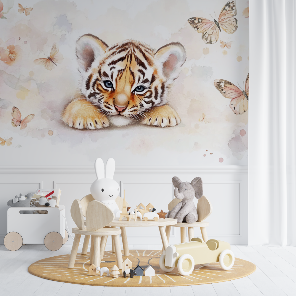 Papier peint tigre et papillons chambre de bebe