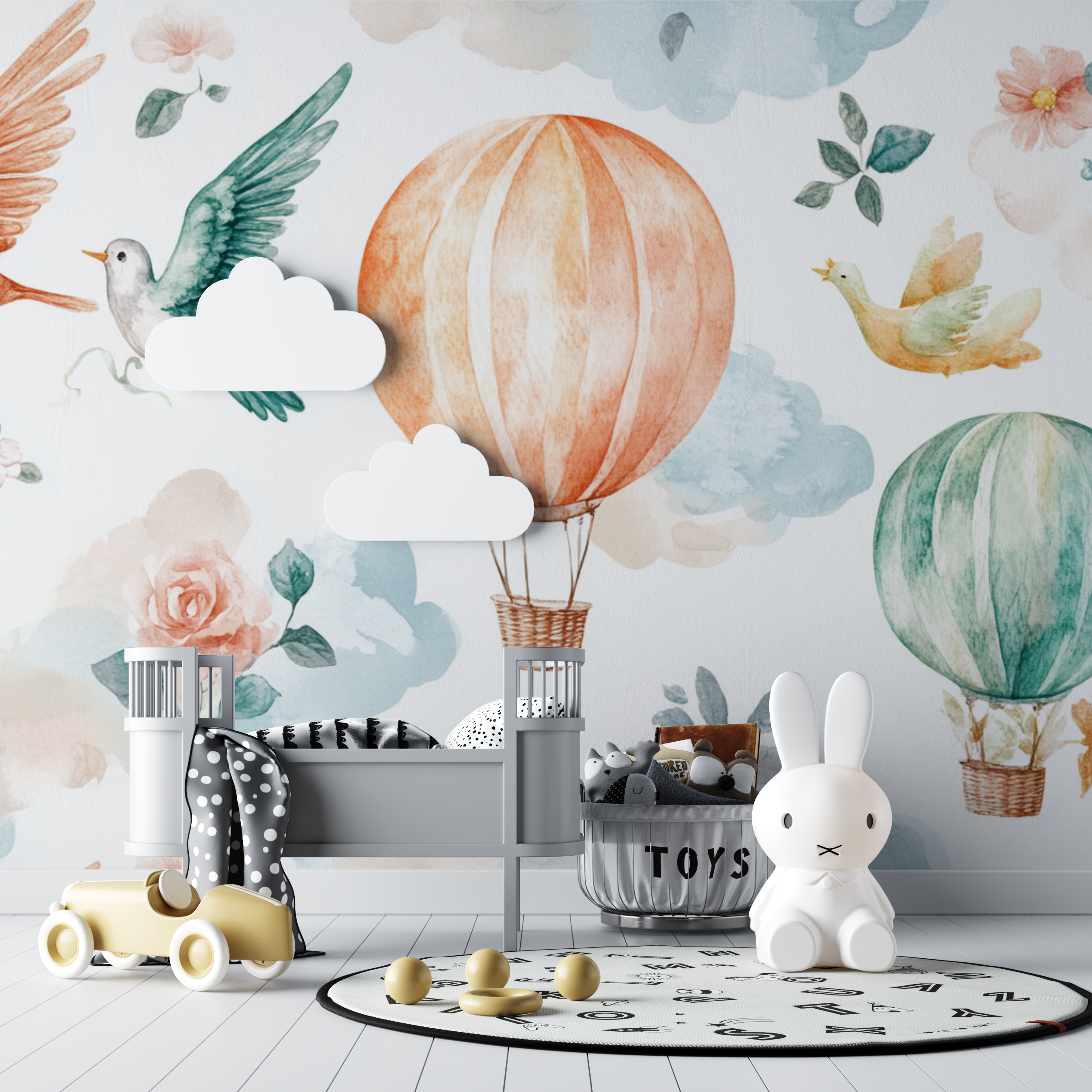 Papier peint montgolfiere et oiseaux exotiques bebe tipi